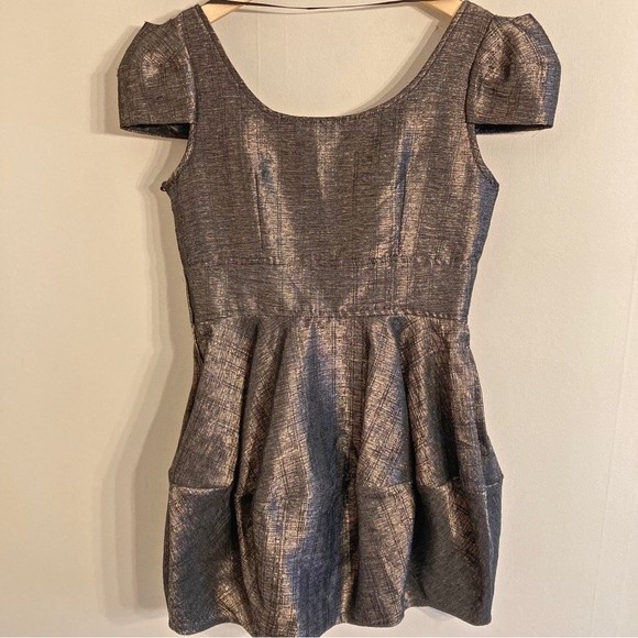 H&M Y2k metallic bronze puff cap sleeve bubble cocktail party formal dress - Picture 9 of 12